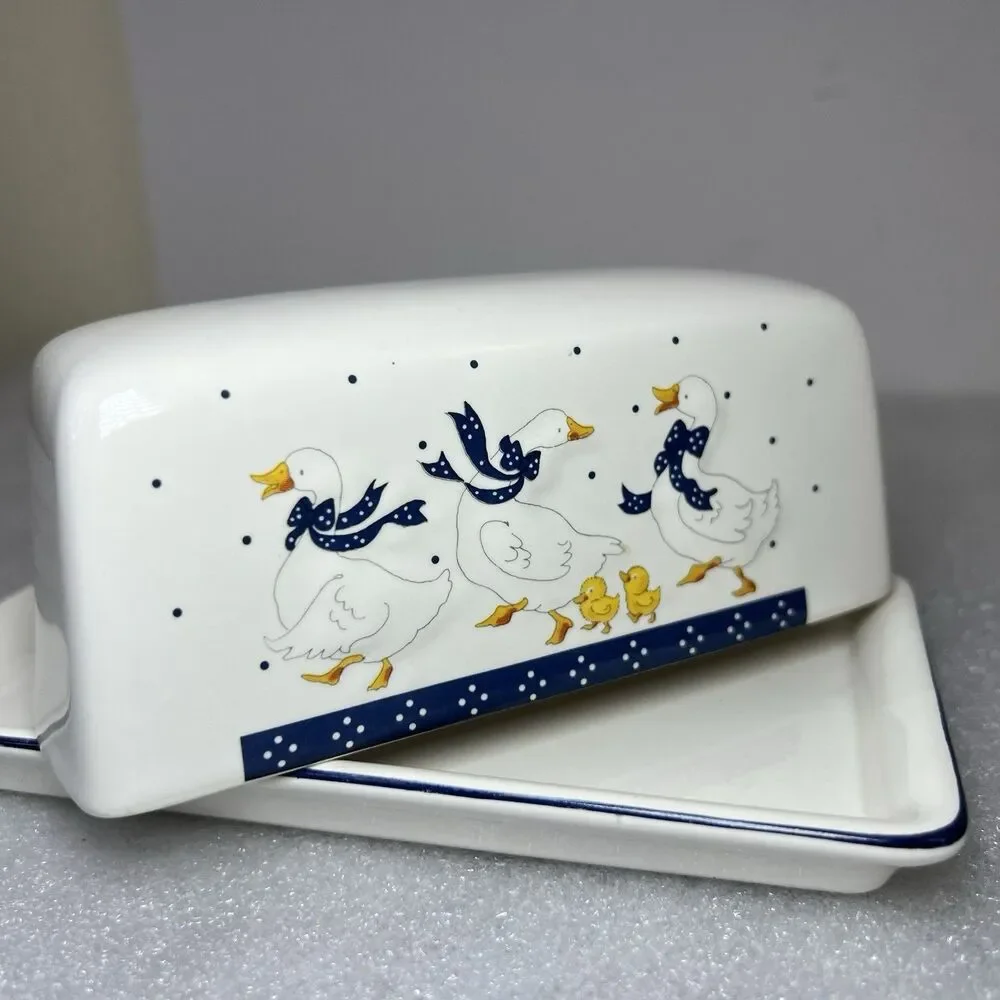 Vtg Geese Goslings Covered Butter Dish Farmhouse Cottagecore Country Motif Japan